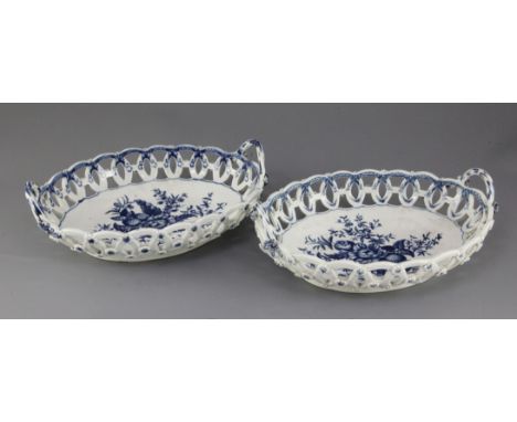 A near pair of Worcester pine cone pattern oval baskets, c.1775, applied with flowerheads to the exterior, leaves and flowers