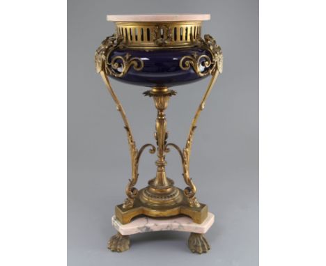 A Louis XV style ormolu, pink marble and blue ceramic brûle-parfum, with ribbon tie and acanthus scroll motifs, H.22in.