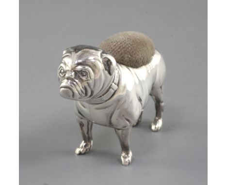 An Edwardian novelty silver pin cushion modelled as a bulldog, maker's mark rubbed, Birmingham, 1905, 2.75in.