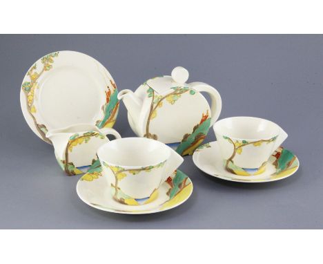 A Clarice Cliff Bizarre Bonjour 'Secrets' pattern seven-piece part tea service, black printed mark 'Bizarre by Clarice Cliff'