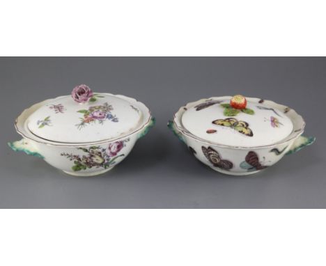 Two Chelsea ecuelles and covers, c.1755, the first painted with insects and with a strawberry finial, bearing a Klaber & Klab