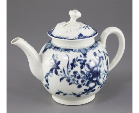 A Worcester Mansfield pattern globular teapot and cover, c.1765, open crescent mark to base, height 13.5cm, tiny losses to bu