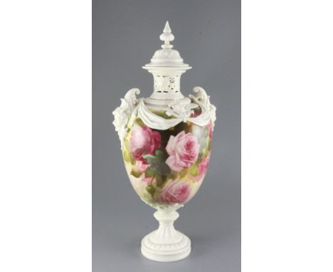 A large Royal Worcester two handled vase and cover, early 20th century, painted by Sedgley with pink roses to both sides, whi