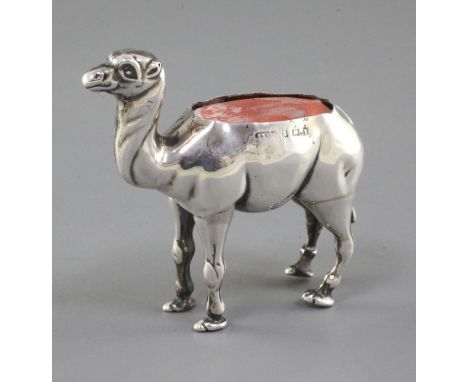 An Edwardian novelty silver pin cushion modelled as a camel by Adie & Lovekin, Birmingham, 1907, (replacement pad?), height 2