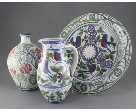 Laurence McGowan (b. 1942). A large Aldermarston studio pottery charger, jug and lamp base, the 43cm charger and 29cm jug dec