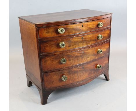 A Regency mahogany bowfront chest, of four graduated long drawers, fitted brass handles, on swept bracket feet, W.3ft D.1ft 1