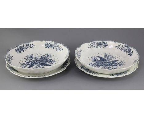 A pair of Worcester pierced pine cone pattern cress dishes, a stand and a similar plate, c.1775, with petal moulded rims, sha