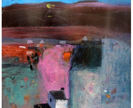 § Barbara Rae (1943-)mixed media on boardFarm, Koo Valleysigned, Art First Contemporary Art label verso dated 199738.5 x 49in