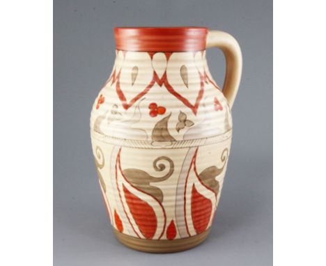 A Clarice Cliff Persian pattern lotus jug, c.1936-41, painted in alternative caramel, brown, red and grey palette, blue print