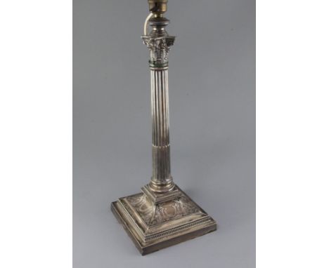 A late Victorian silver corinthian column table lamp by James Dixon & Sons, on stepped square base decorated with harebell sw