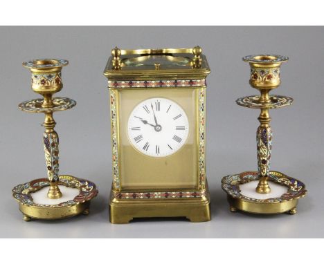 An early 20th century Ricard & Co brass hour repeating carriage clock, with champleve enamel decoration, no.129, 6.25in., wit