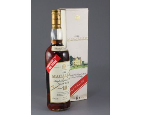 One bottle of The Macallan 10 Years Old 100% proof red label Single Highland Malt Scotch Whisky, in original box, box a.f.