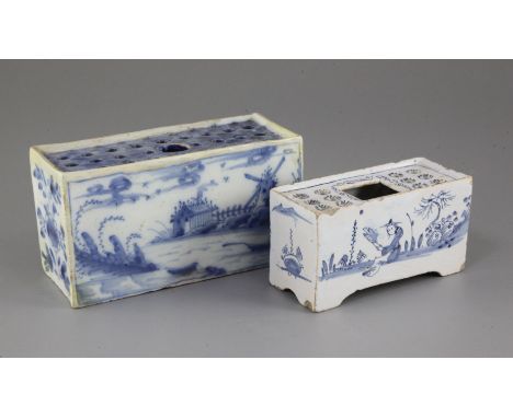 An English delftware blue and white flower brick and a similar Delft flower brick, c.1760, the smaller English example painte