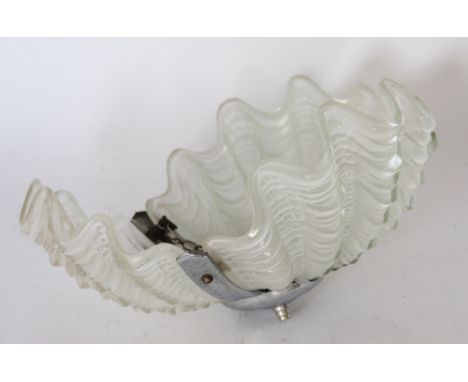 A 1930's moulded glass and chrome ceiling light, with three shell shaped frosted glass shades, 36cm diam