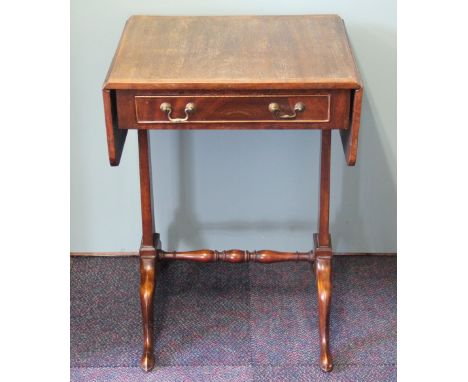 A reproduction mahogany small sofa table, with drawer, on standard end supports, 74cm H x 54cm W x 46cm D