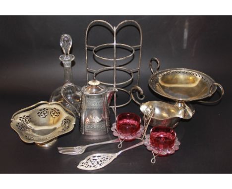 A late Victorian silver plated centre piece, with two cranberry glass bowls, with a a twin handled pedestal dish, a basket, a