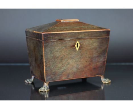 A Regency rosewood two division tea caddy, on gilt brass paw feet, 16cm x 19cm