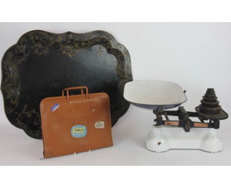A set of Avery of Birmingham enamel scales, with six weights; a 19th Century toleware serpentine tray, 74cm; and a vintage ta