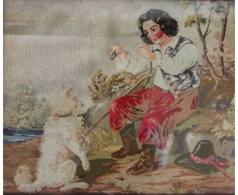 A 19th Century tapestry needlework picture, decorated with a boy and a dog, in stained pine frame, 51cm x 62cm