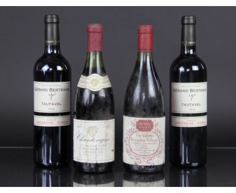 A bottle of Chantevinge Laboure Roi red wine; a Wine Society bottle of Beaujolais Villages 1982 and two bottles of Gerard Ber