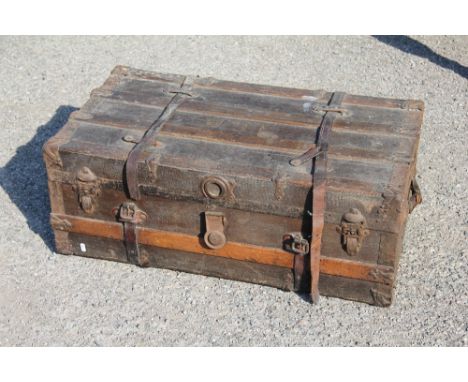 A pair of 19th Century country oak chairs, with stained solid seats and a vintage trunk 33cm H x 89cm W x 49cm D 