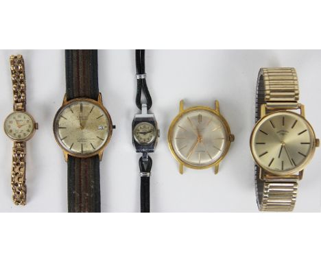 Five assorted wristwatches, to include; a lady's 9ct yellow gold Rotary wristwatch with attached gold plated strap, a gents R