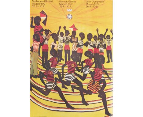 Ancient soi,
Colour lithograph,
Mathauma Olimbiki Miuniki - Munich Summer Olympics 1972 - original poster depicting a childs 