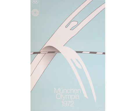 Alfonso Huppi (b 1935),
Colour lithograph,
Munchen Olympia, Munich Summer Olympics 1972 - original poster depicting the high 