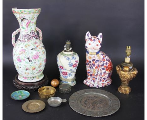 A 19th Century Cantonese famille rose twin handled baluster vase, 45cm (damaged); a Chinese carved hardwood vase stand; a mod