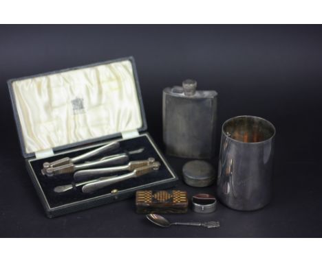 A James Dixon & Sons silver plated spirit flask, with engine turned decoration, 13.5cm, a plated mug, an agate mounted box, a