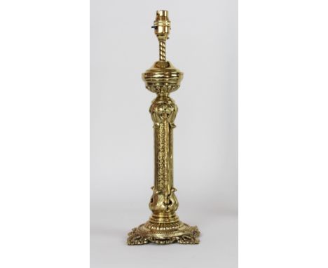 A lacquered brass table lamp, with foliate tracery to column and pierced base, 43cm