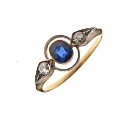 Unmarked ring set central sapphire with diamond shoulders, size M, 2.2g approx   Condition: 