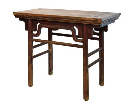 Late 19th/early 20th Century Chinese Provincial elm altar table, the rectangular top over frieze on turned supports and paral