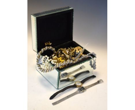 Quantity of various costume jewellery in a mirrored trinket box   Condition: 