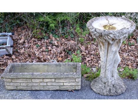 Garden Ornaments - Reconstituted birdbath in the form of a tree trunk, 68cm high, together with a garden trough simulating Co