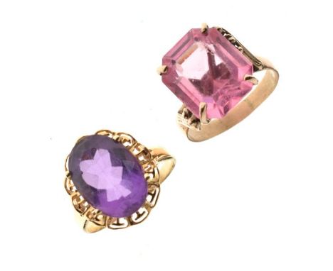 Dress ring stamped '14k' set amethyst-coloured stone, and another unmarked ring set single pink coloured stone, 7.5g gross ap