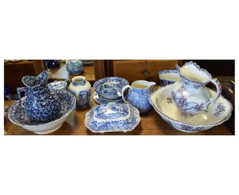 Assorted blue and white transfer-printed pottery to include; Copeland Spode Italian wares, two wash-hand jugs and bowls etc  