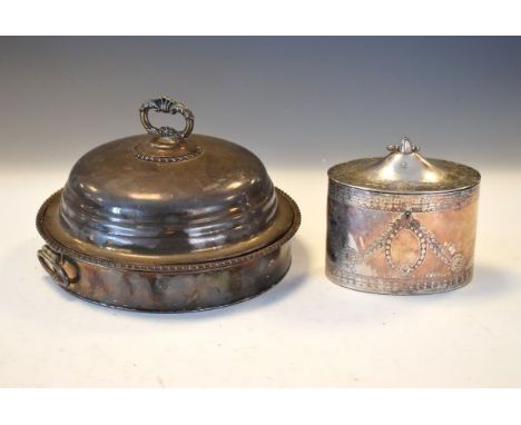 19th Century engraved silver plated oval tea caddy, together with a silver plated warming dish and cover   Condition: 