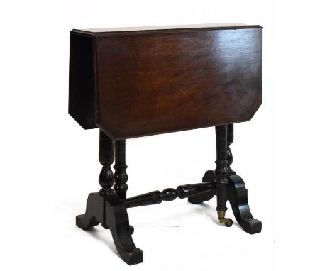 Late Victorian mahogany Sutherland table with canted flaps on ring-turned end standards and platform base, 64cm (open) x 54cm