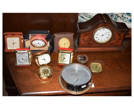 1920's period inlaid walnut mantel clock, together with a selection of alarm clocks, military issue Hygrometer by F.Darton &a