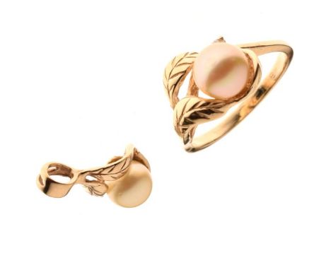 Dress ring set central cultured pearl with leaf design shoulders, size P½, together with a similar pendant marked '10k', 5.6g