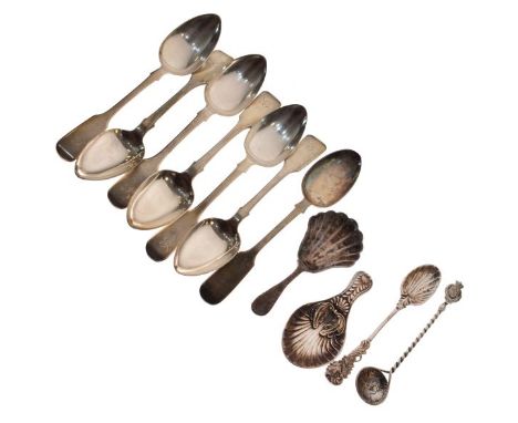 Set of six George IV silver Fiddle pattern teaspoons, London 1826, two caddy spoons etc   Condition: 