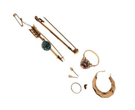 9ct gold dress ring set single red stone with white stone surround, an arrow design bar brooch, a riding crop design brooch e