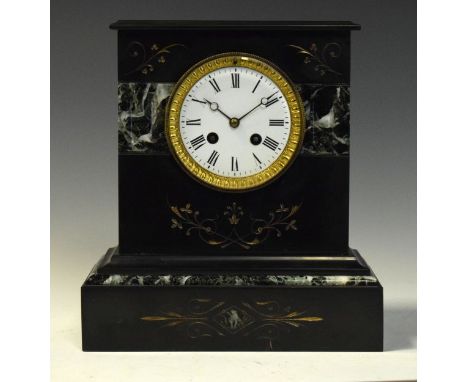 19th Century black slate and marble cased mantel clock, the white enamel dial with Roman numerals, French brass movement stri