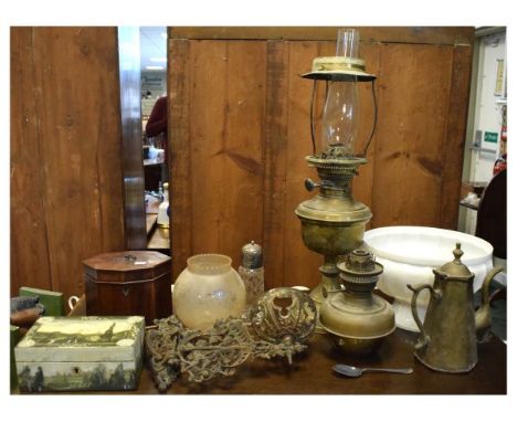 Assorted collectables to include; 19th Century mahogany octagonal tea caddy, brass paraffin lamp, wall light, brass coffee po