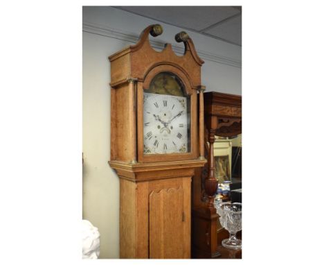 19th Century oak longcase clock probably by William Mills Jnr of Tetbury, the hood with swan neck pediment, arch shaped door 