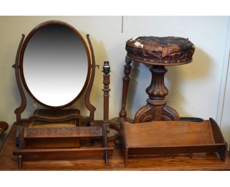 Assorted collectables to include; Victorian piano stool, swing dressing mirror, two bookstands, wooden cased canteen of cutle