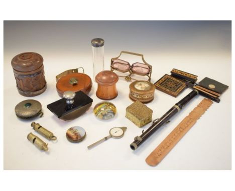 Interesting miscellanea including; silver mounted carved wooden tobacco/cigarette container, leather cased tape measure, blac