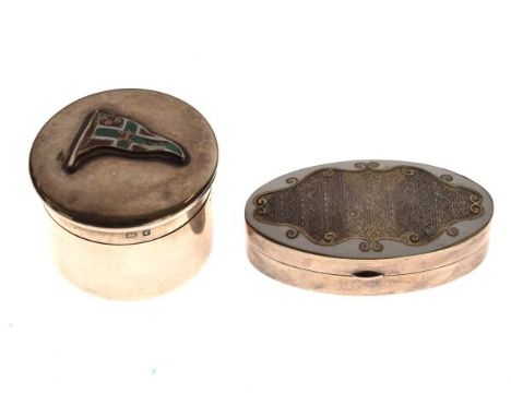 Edward VII silver and enamel pill box, Chester 1908, together with an Edward VII cylindrical box and cover decorated with an 