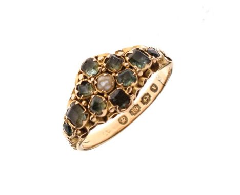 18ct gold ring having central seed pearl with emerald-coloured stone surround and shoulders, size N, 2.6g approx   Condition: